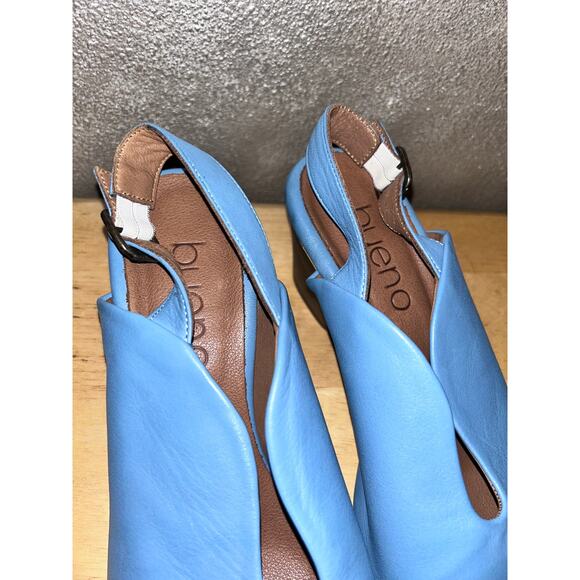 Bueno Clare Tusk Blue Leather Faux Stacked Slingback Sculpted Peep Toe Heels - Picture 7 of 9